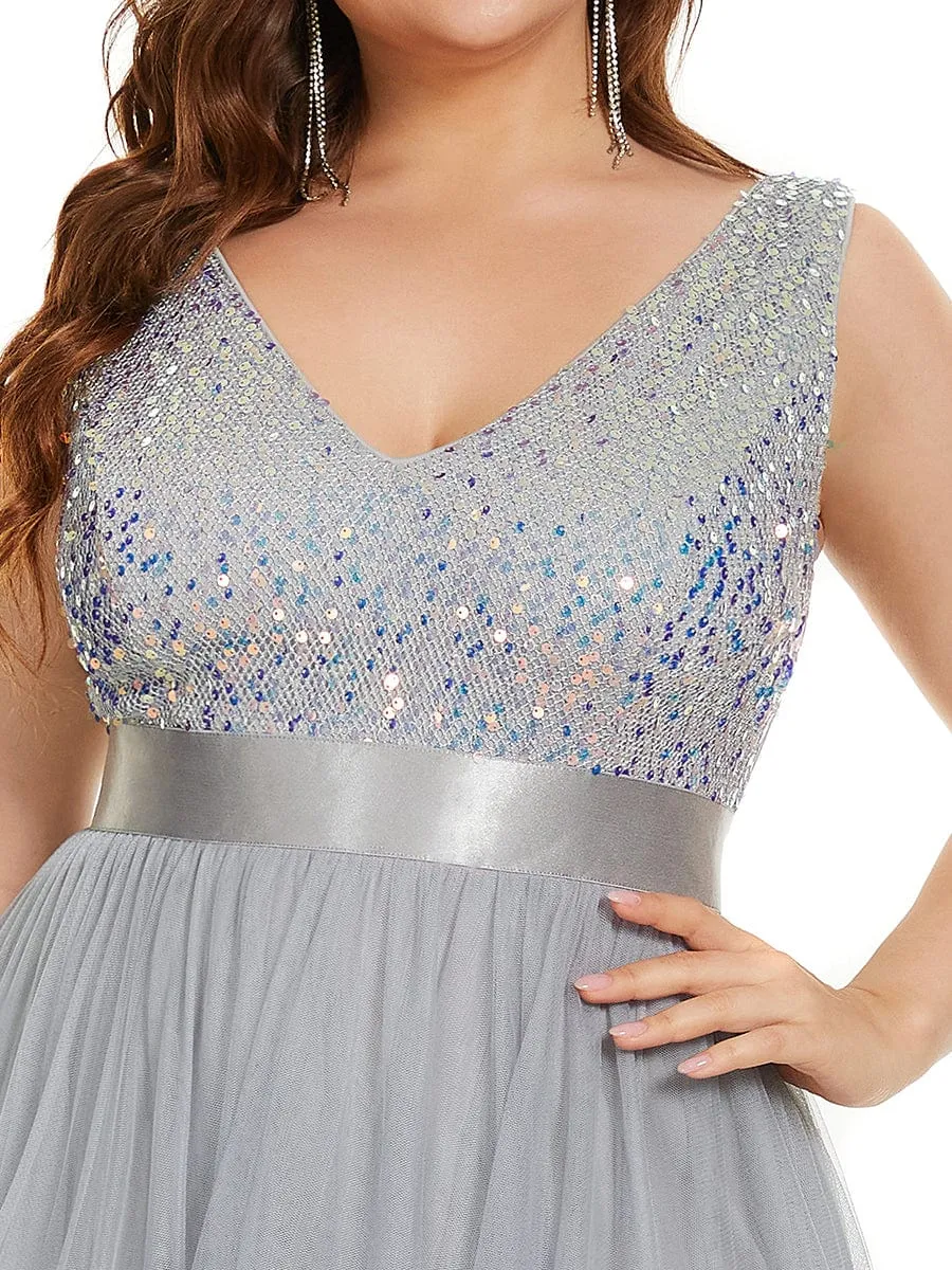 Plus Size Sequin V-Neck Sleeveless High Low Evening Dress