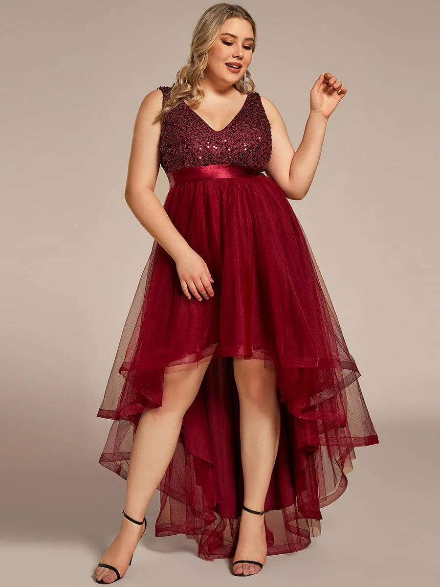 Plus Size Sequin V-Neck Sleeveless High Low Evening Dress