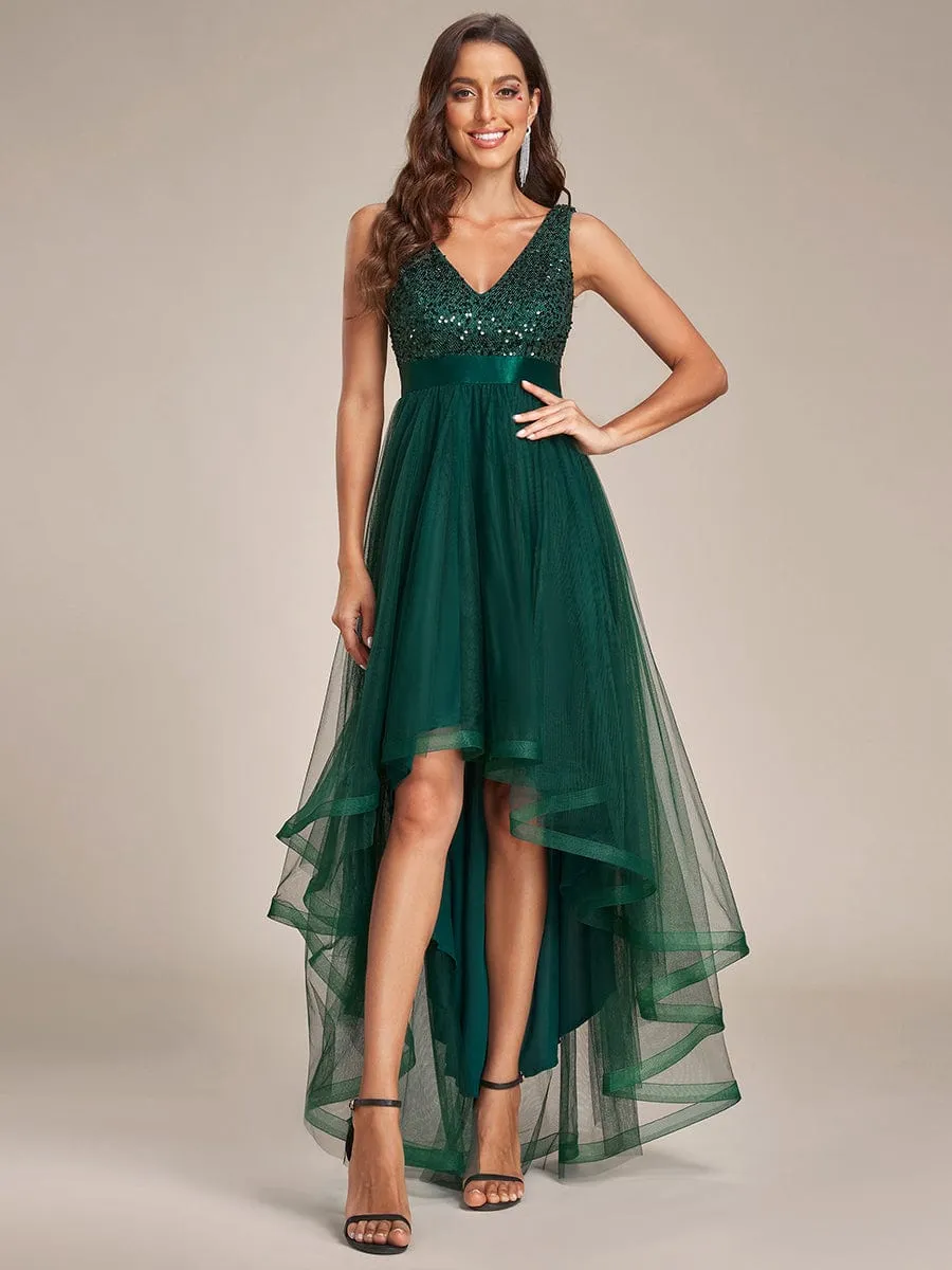 Plus Size Sequin V-Neck Sleeveless High Low Evening Dress