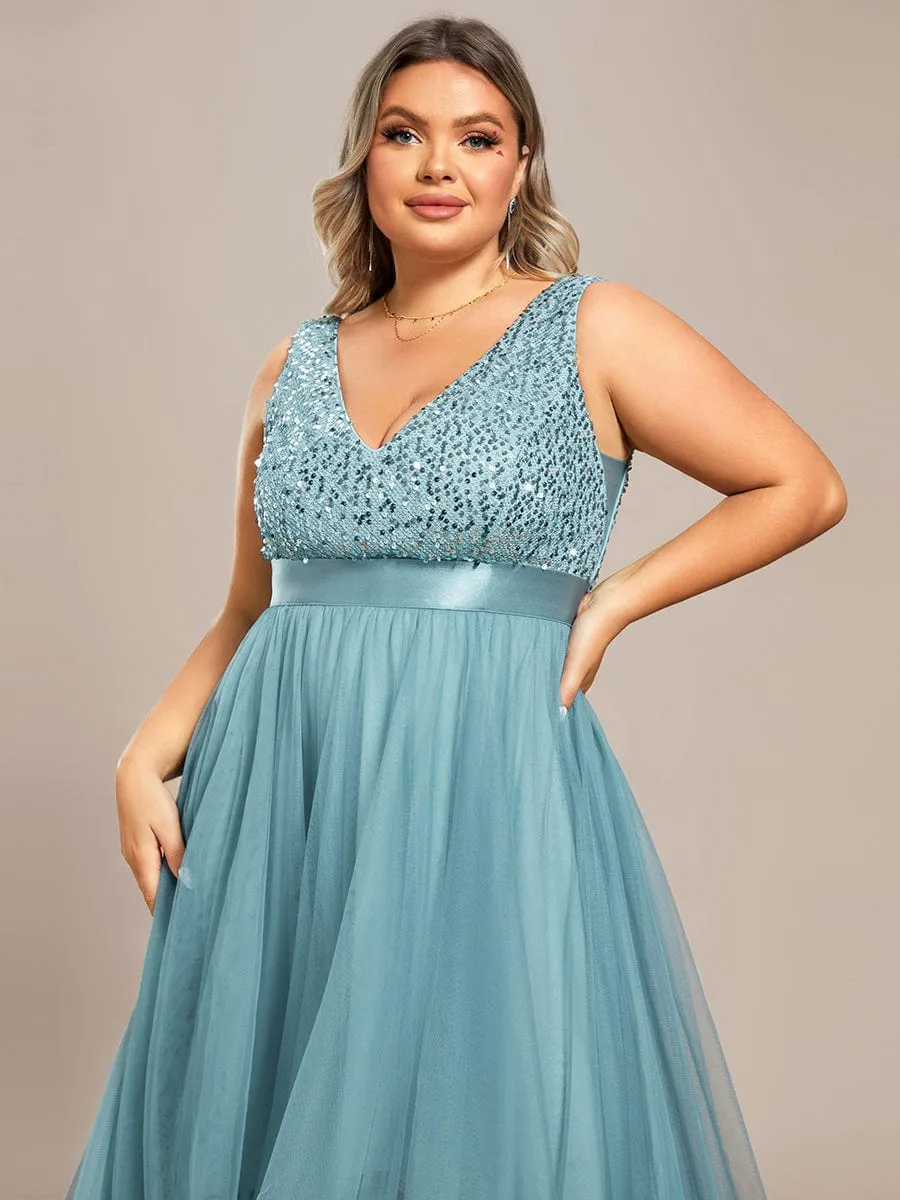Plus Size Sequin V-Neck Sleeveless High Low Evening Dress