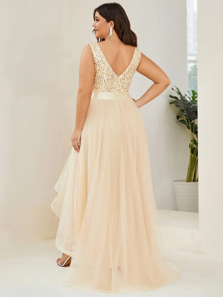 Plus Size Sequin V-Neck Sleeveless High Low Evening Dress