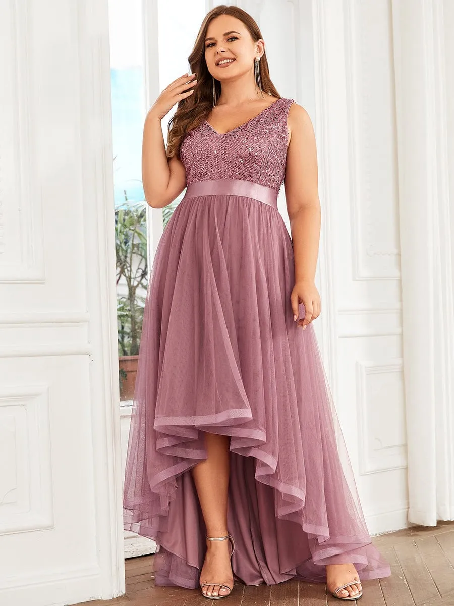 Plus Size Sequin V-Neck Sleeveless High Low Evening Dress