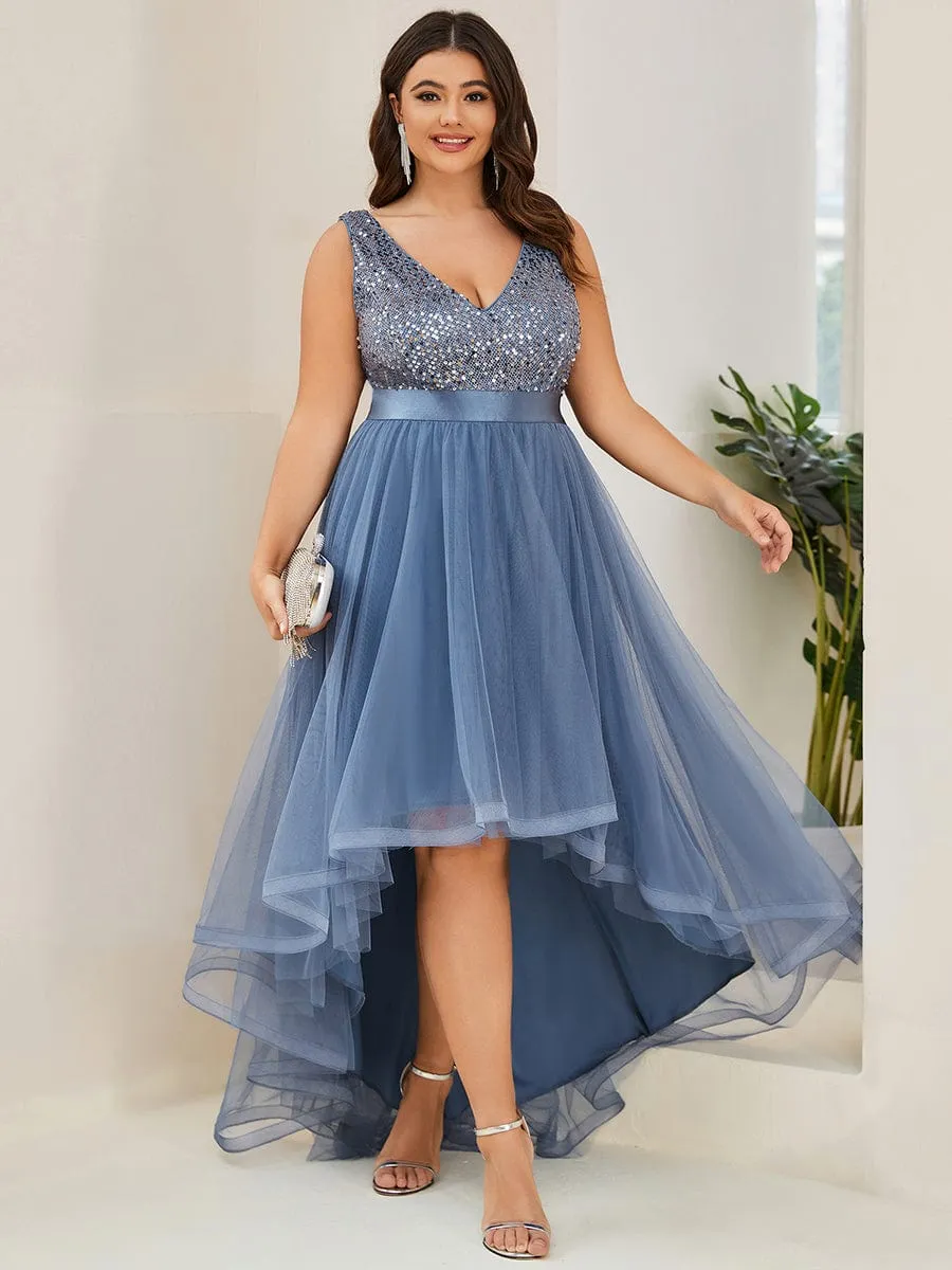Plus Size Sequin V-Neck Sleeveless High Low Evening Dress