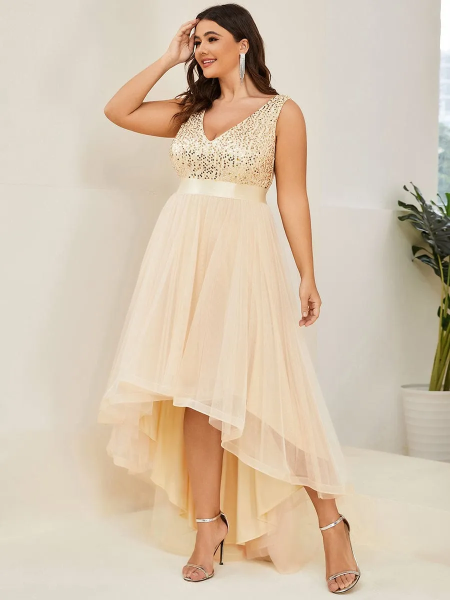 Plus Size Sequin V-Neck Sleeveless High Low Evening Dress