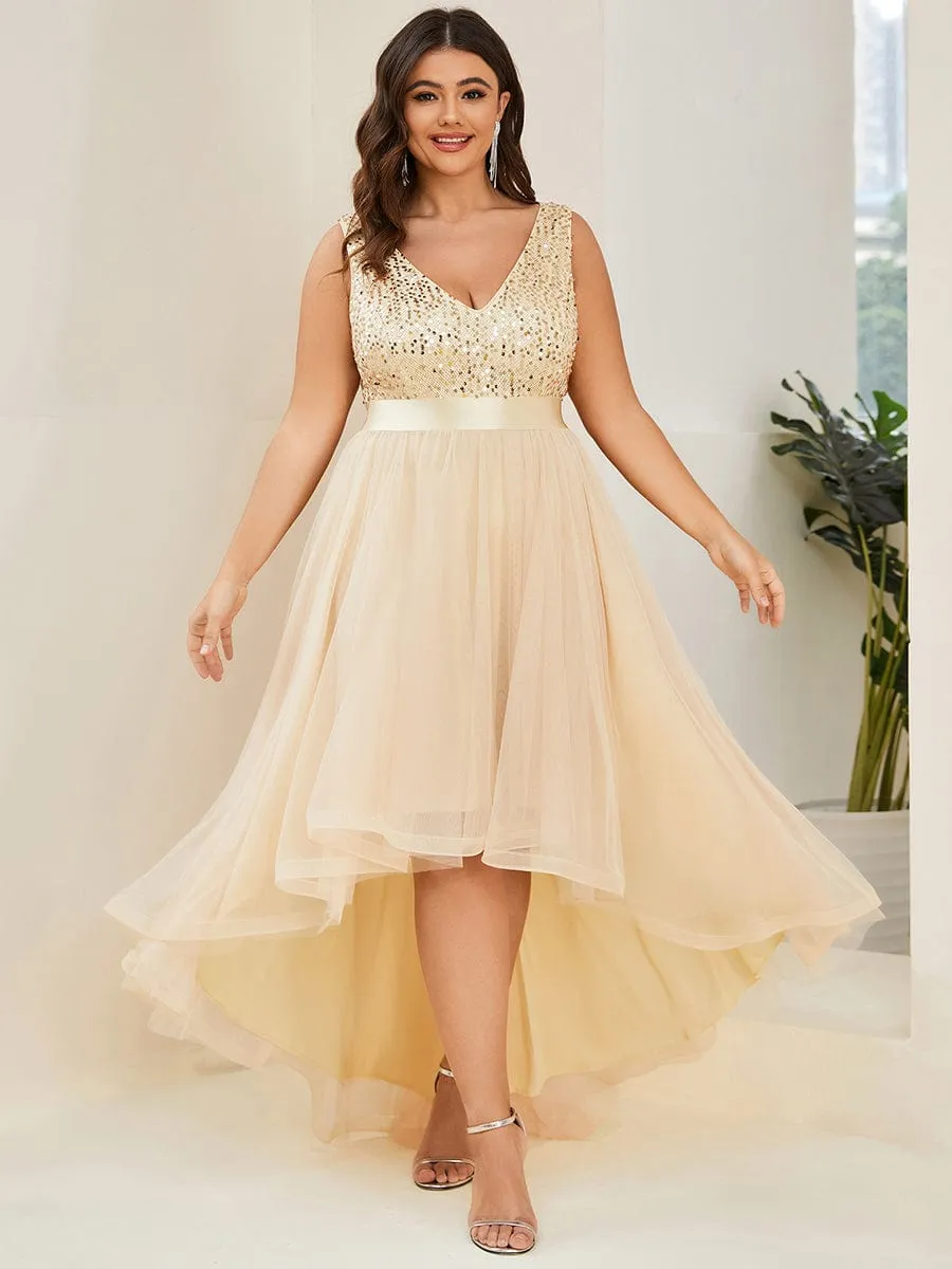 Plus Size Sequin V-Neck Sleeveless High Low Evening Dress