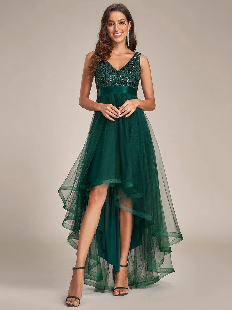 Plus Size Sequin V-Neck Sleeveless High Low Evening Dress