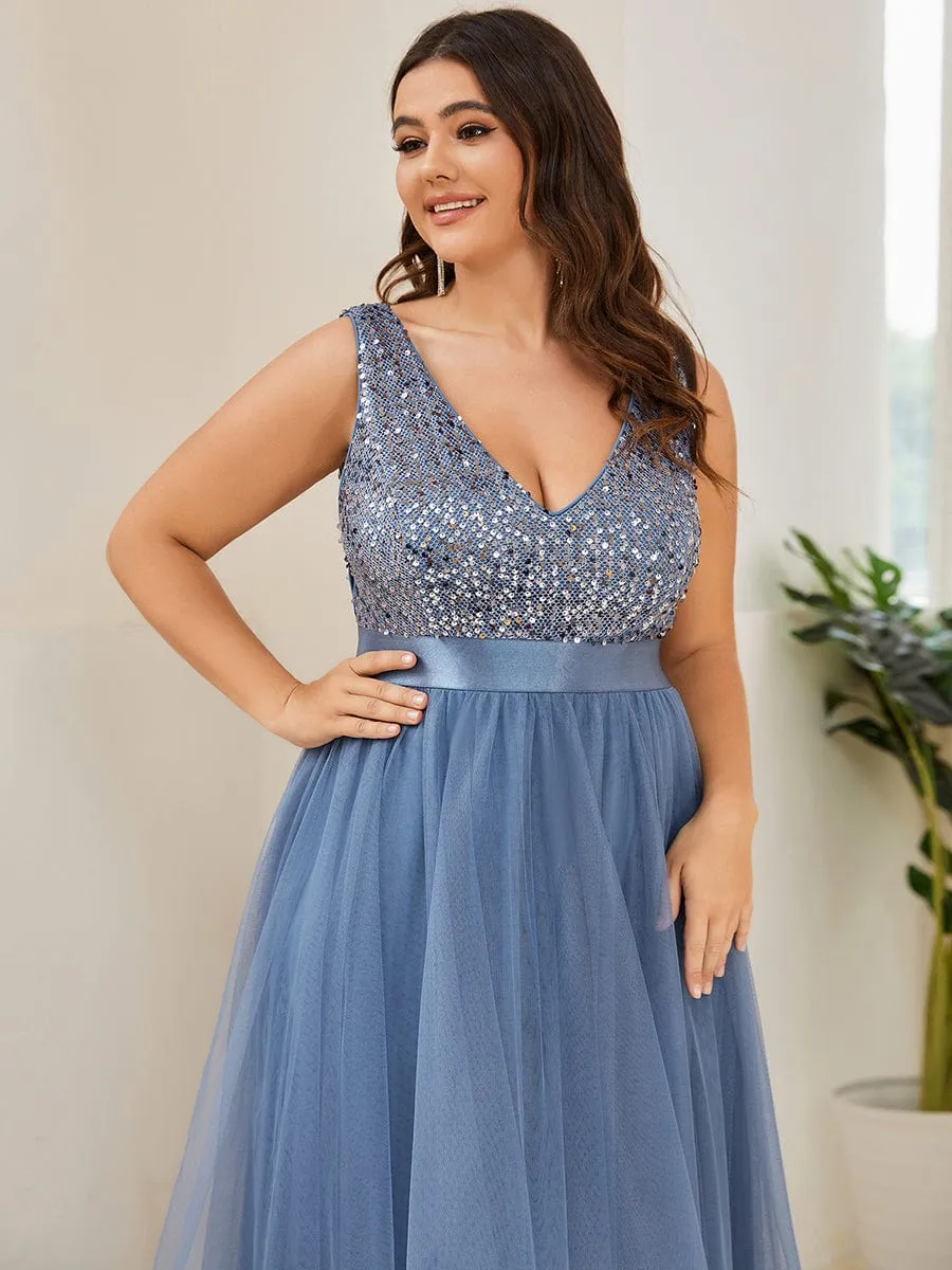 Plus Size Sequin V-Neck Sleeveless High Low Evening Dress