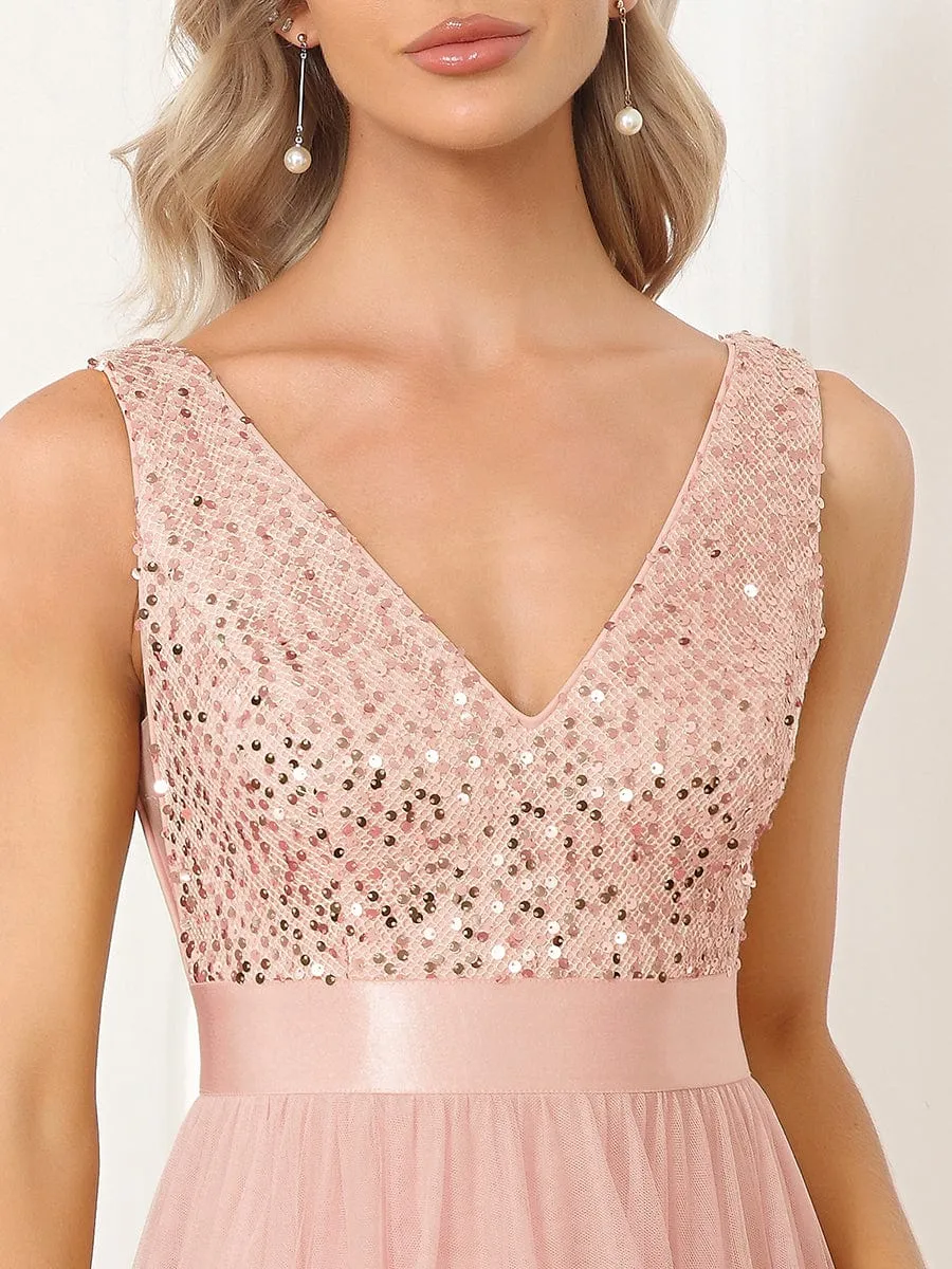 Plus Size Sequin V-Neck Sleeveless High Low Evening Dress