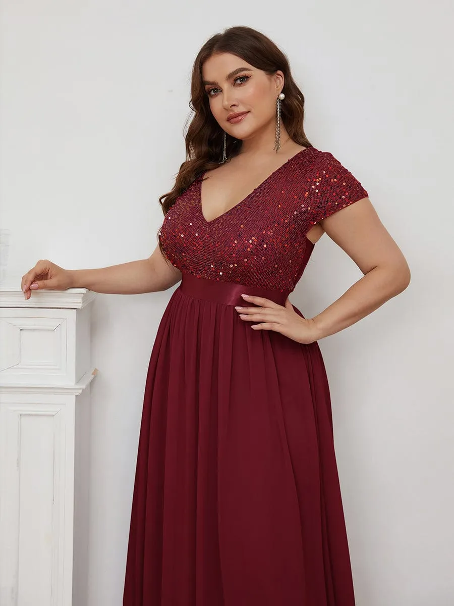 Plus Size V-Neck Cap Sleeve Sequins Chiffon Maxi Evening Dress