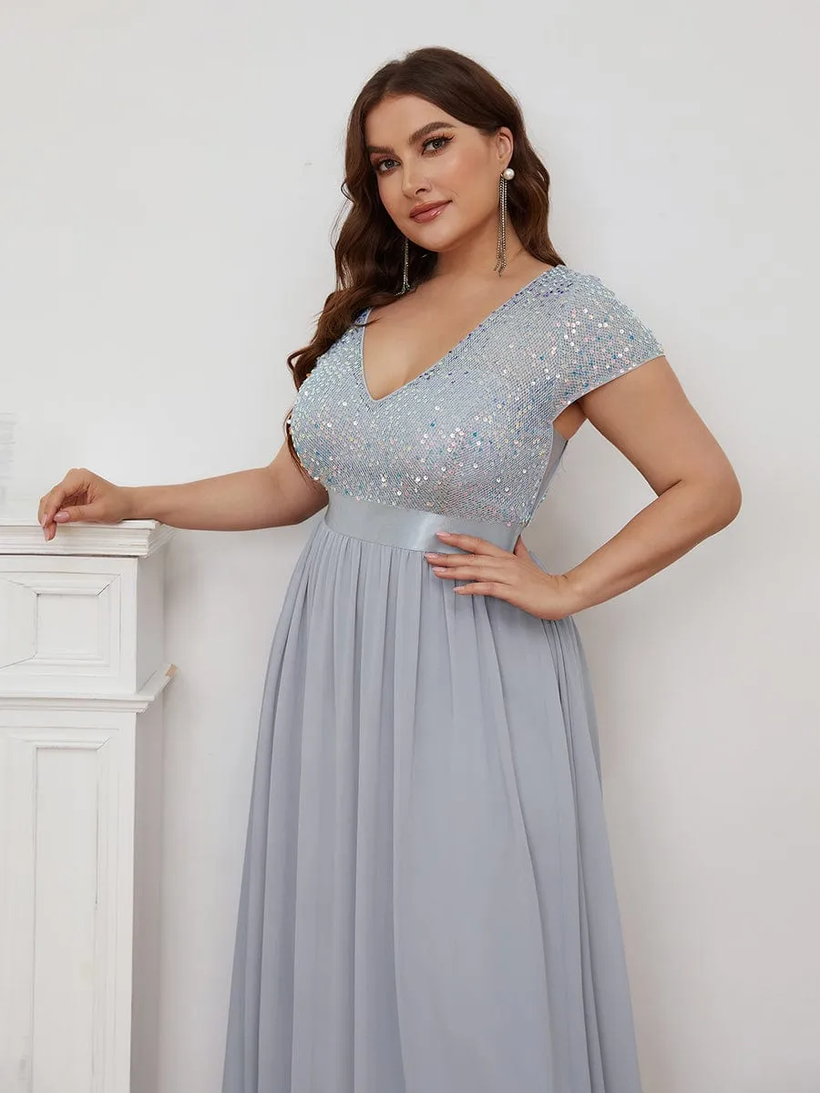Plus Size V-Neck Cap Sleeve Sequins Chiffon Maxi Evening Dress