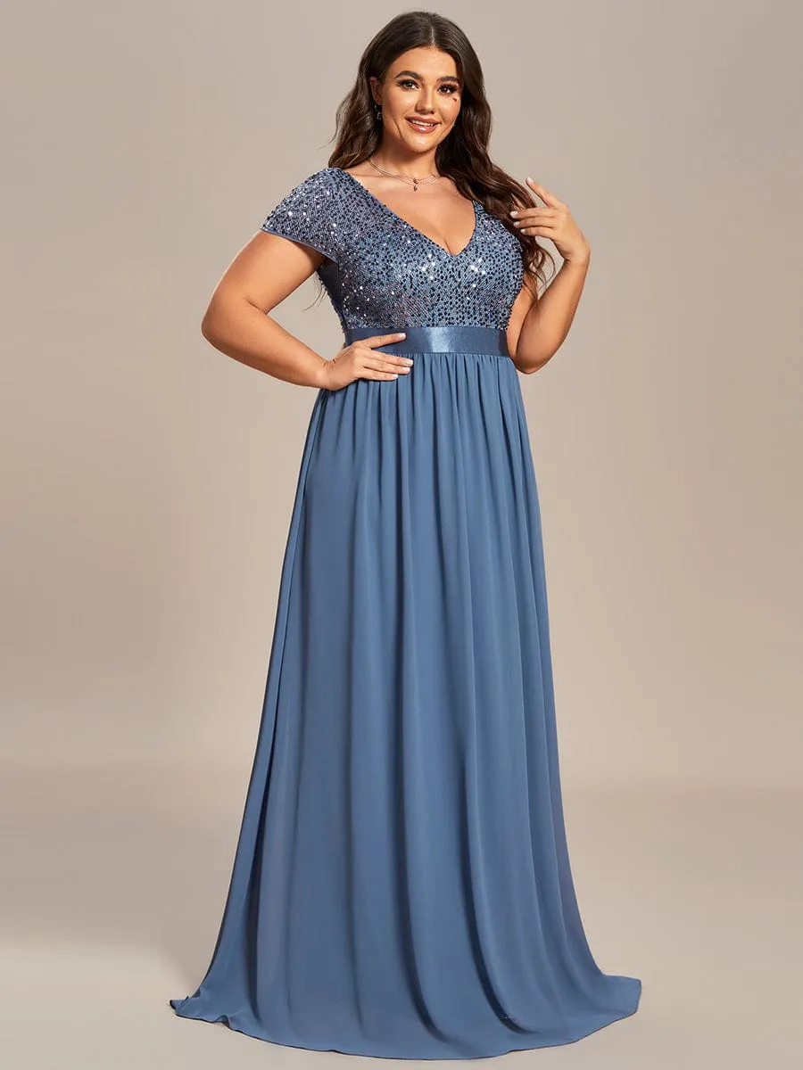 Plus Size V-Neck Cap Sleeve Sequins Chiffon Maxi Evening Dress