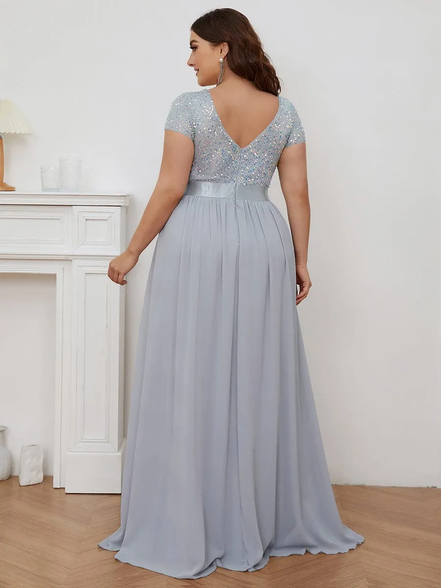 Plus Size V-Neck Cap Sleeve Sequins Chiffon Maxi Evening Dress
