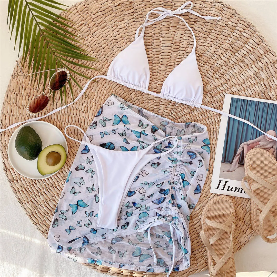 Premium Neckholder-Bikini-Set mit Schmetterlingsdruck und Strand-Cover-Rock