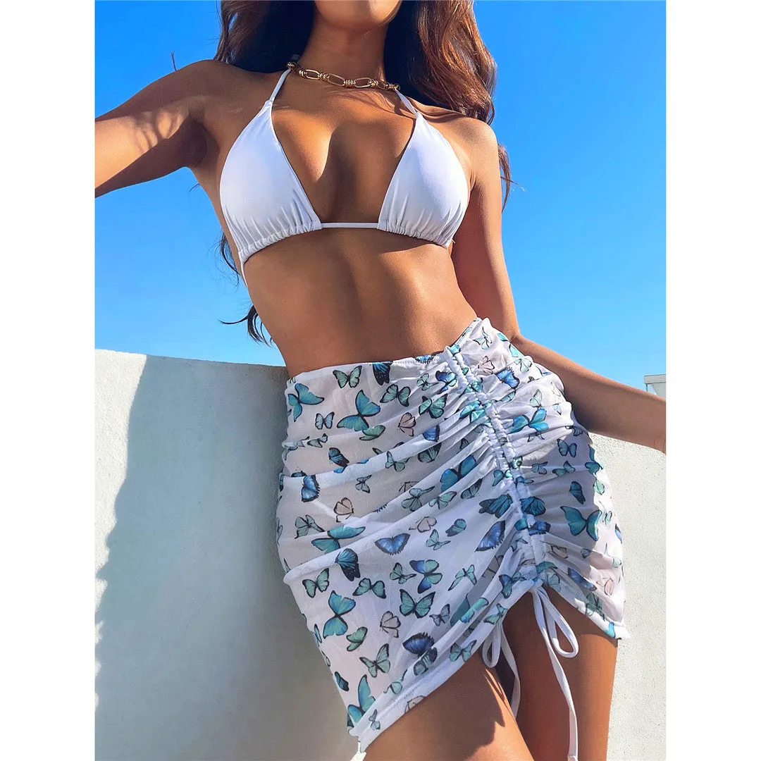 Premium Neckholder-Bikini-Set mit Schmetterlingsdruck und Strand-Cover-Rock