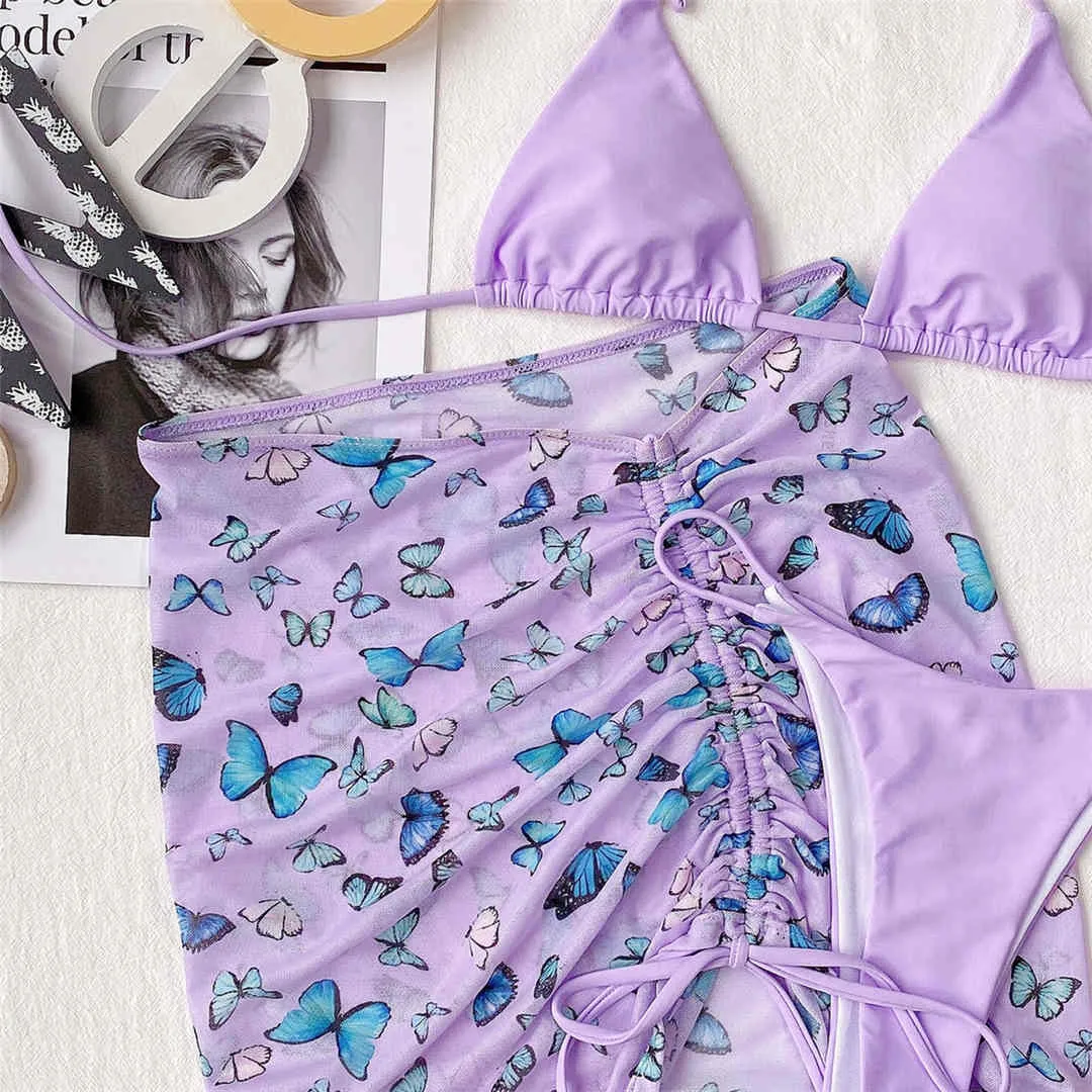 Premium Neckholder-Bikini-Set mit Schmetterlingsdruck und Strand-Cover-Rock