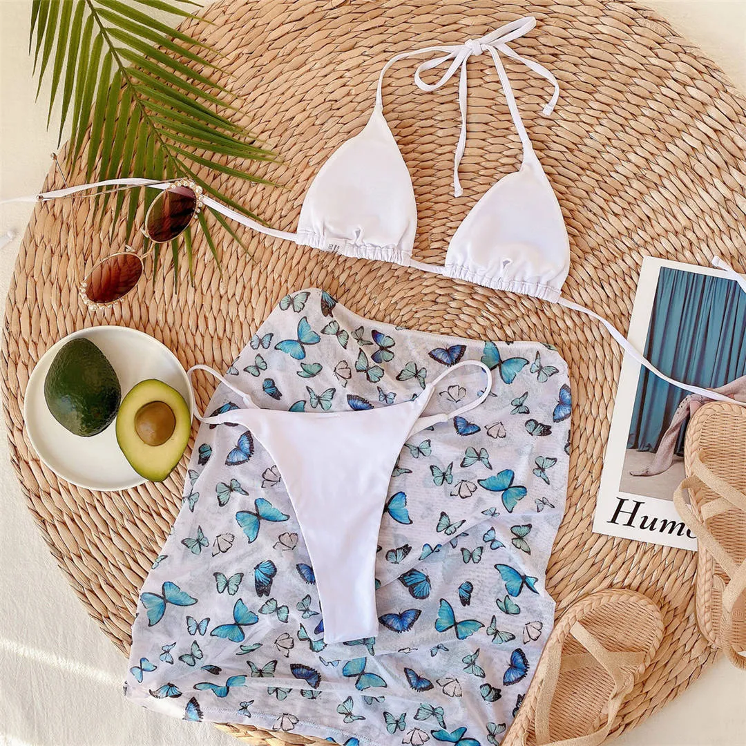 Premium Neckholder-Bikini-Set mit Schmetterlingsdruck und Strand-Cover-Rock