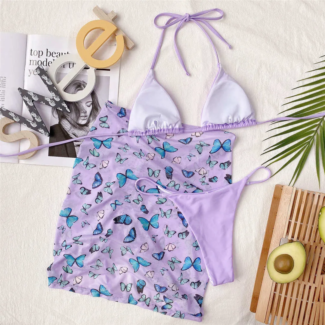 Premium Neckholder-Bikini-Set mit Schmetterlingsdruck und Strand-Cover-Rock