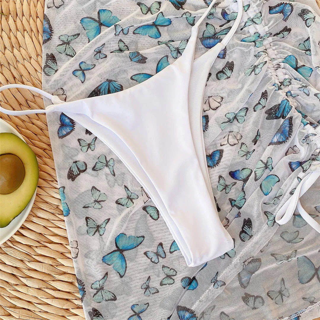 Premium Neckholder-Bikini-Set mit Schmetterlingsdruck und Strand-Cover-Rock
