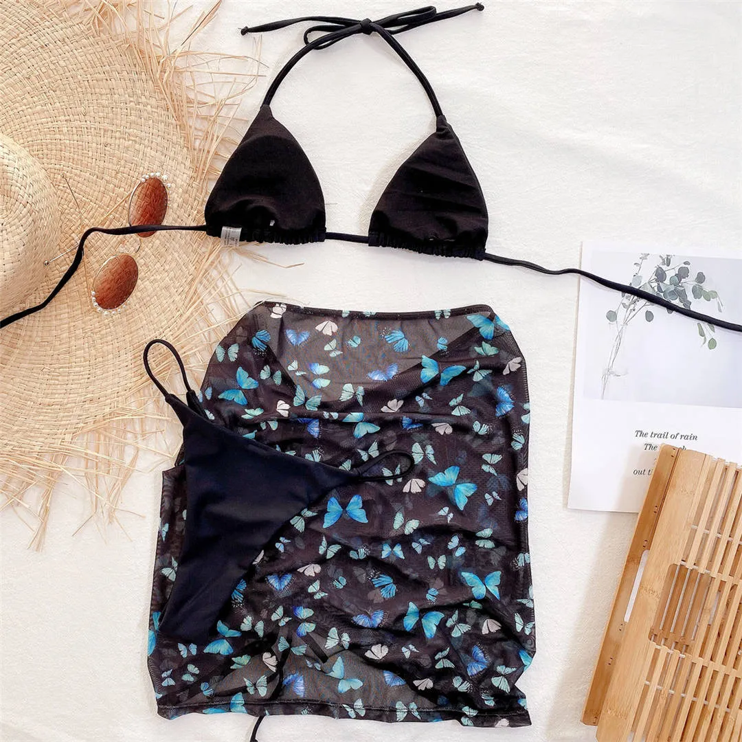 Premium Neckholder-Bikini-Set mit Schmetterlingsdruck und Strand-Cover-Rock