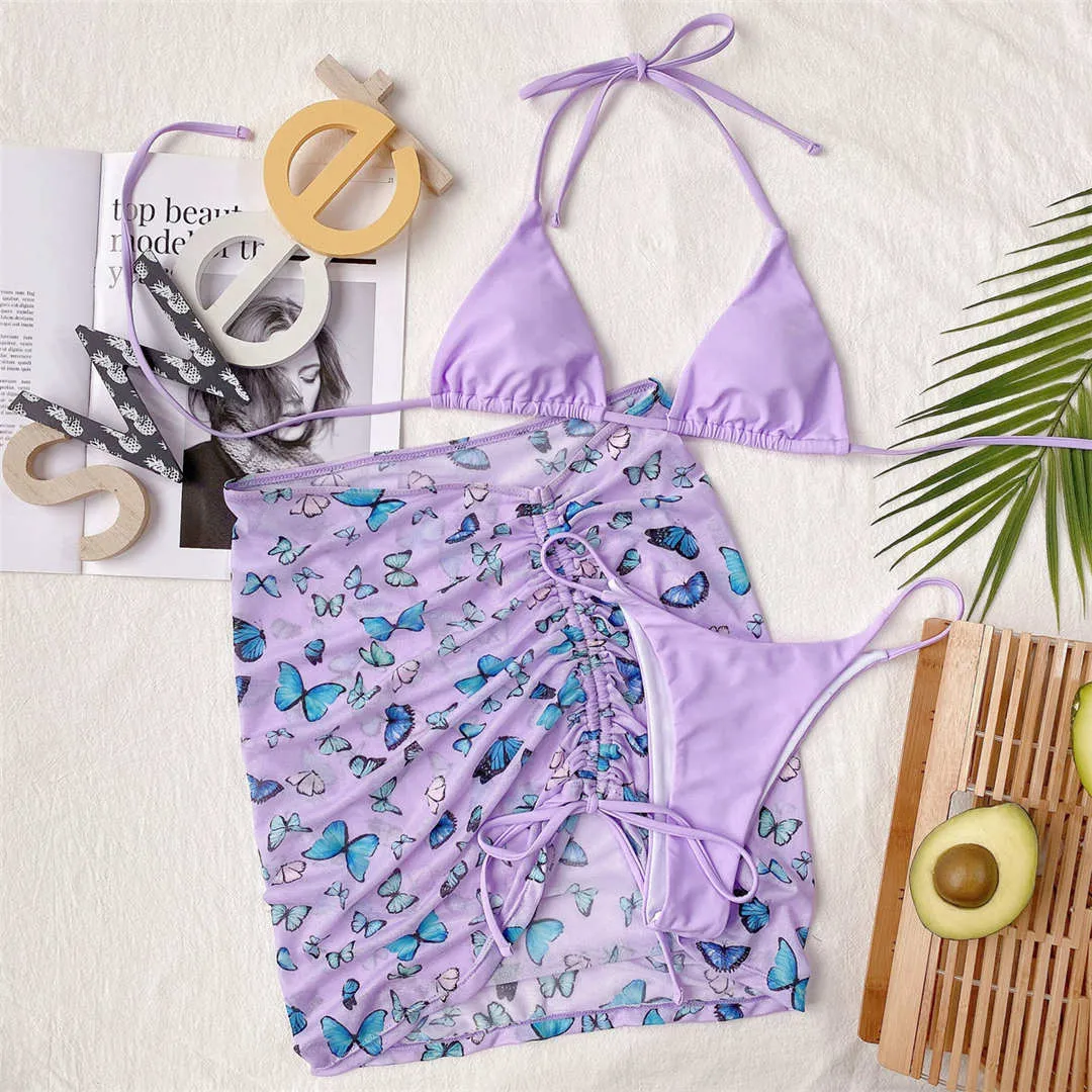 Premium Neckholder-Bikini-Set mit Schmetterlingsdruck und Strand-Cover-Rock