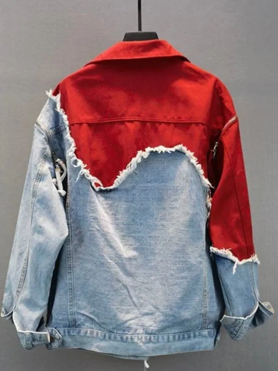 Red and mid blue denim jacket