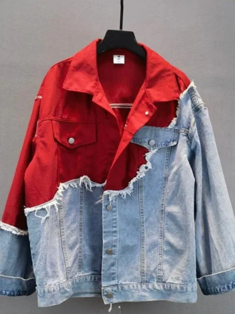 Red and mid blue denim jacket