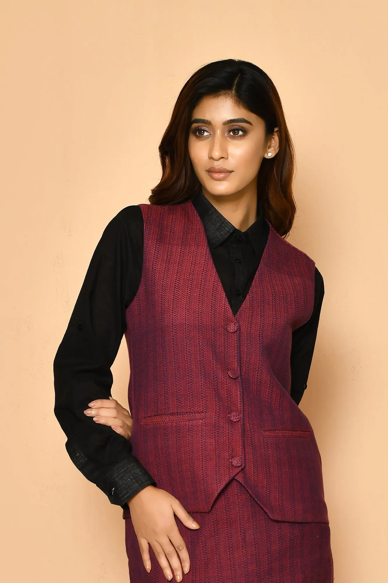 Red V-Neck Cotton Waist Blazer