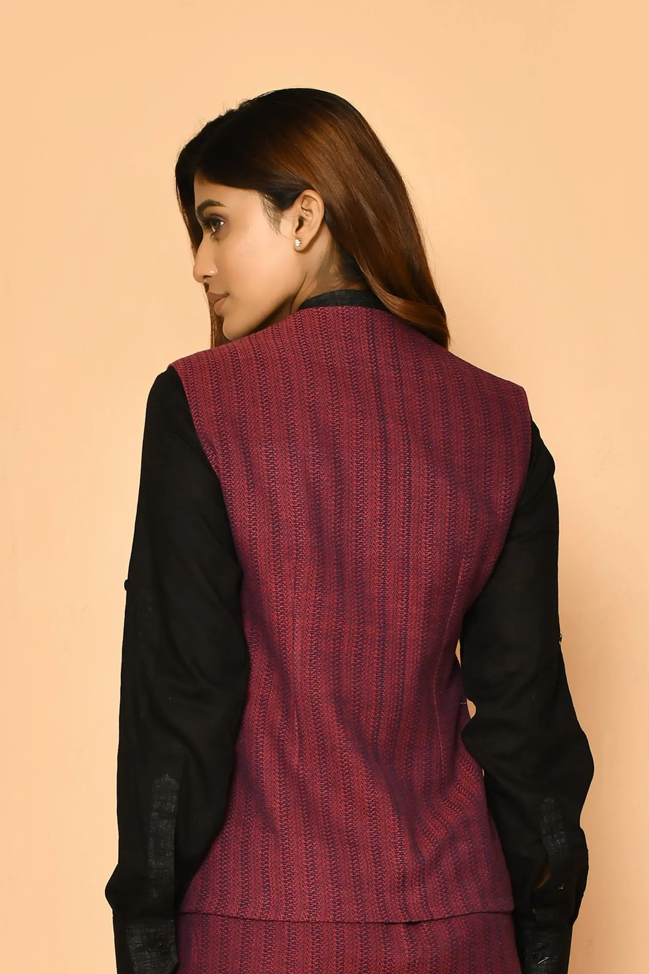 Red V-Neck Cotton Waist Blazer