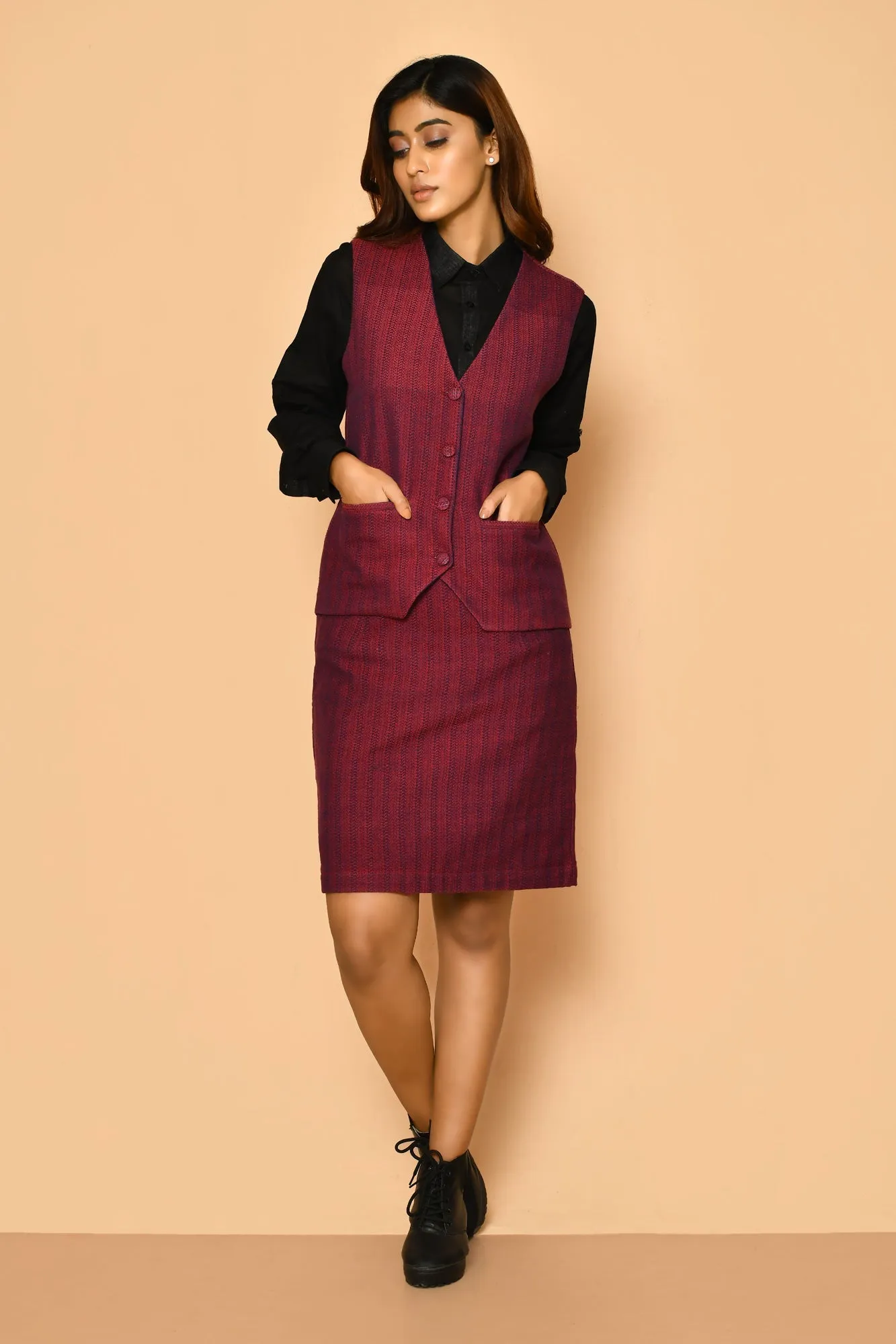 Red V-Neck Cotton Waist Blazer