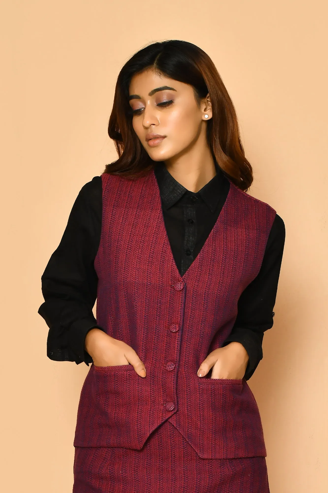 Red V-Neck Cotton Waist Blazer