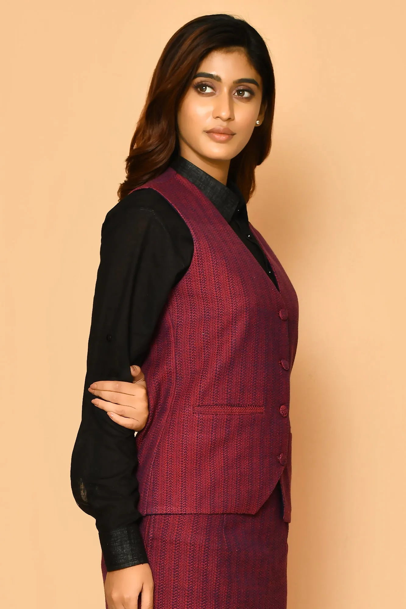 Red V-Neck Cotton Waist Blazer