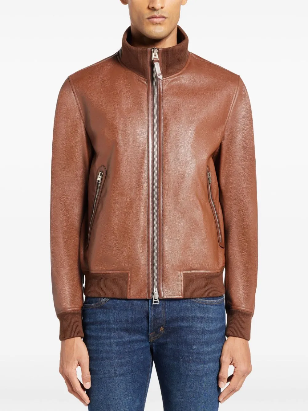 Ribbed-Edge Leather Bomber Jacket