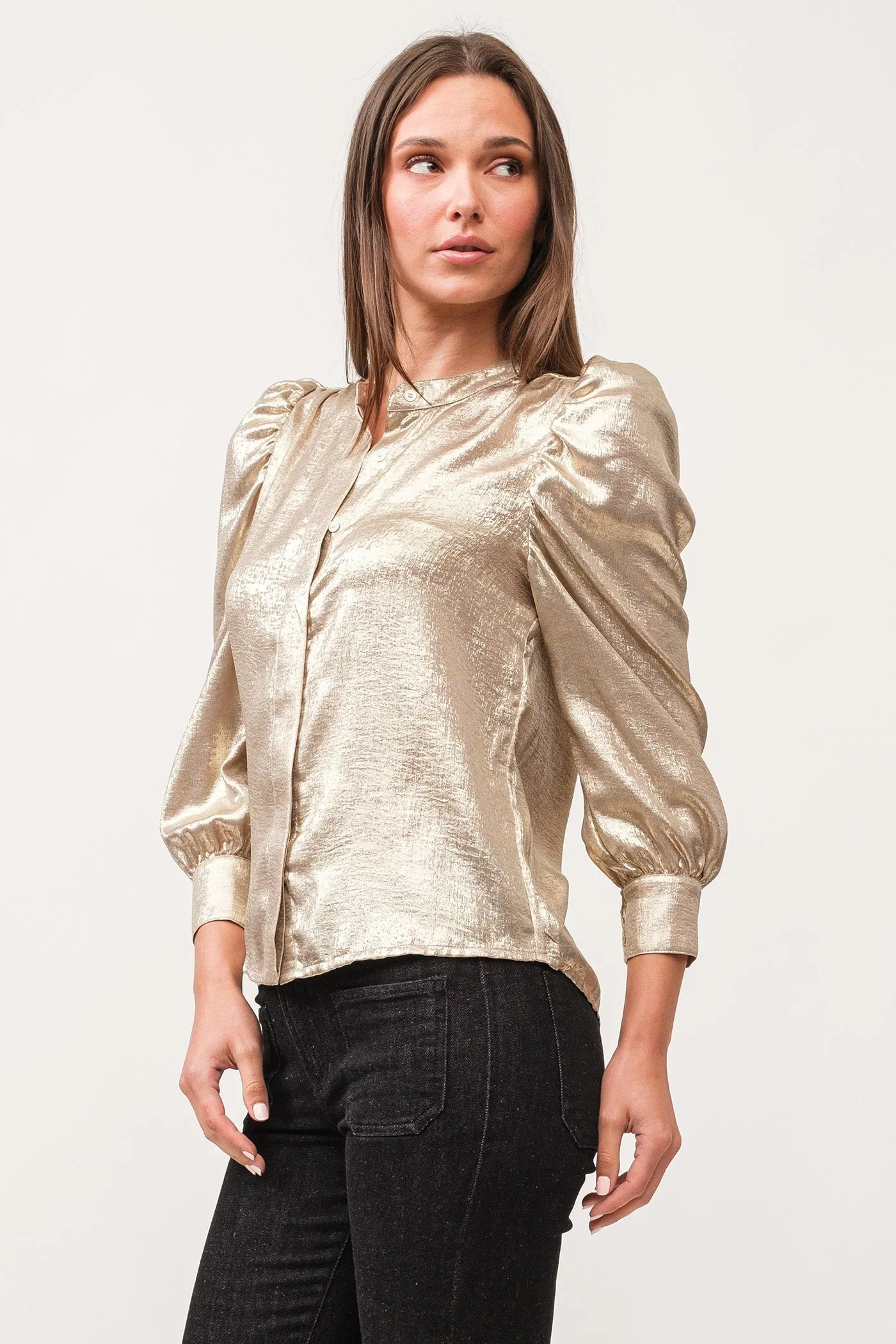 ROWAN HIDDEN PLACKET 3/4 SLEEVE CLASSIC FIT SHIRT GOLD METALLIC
