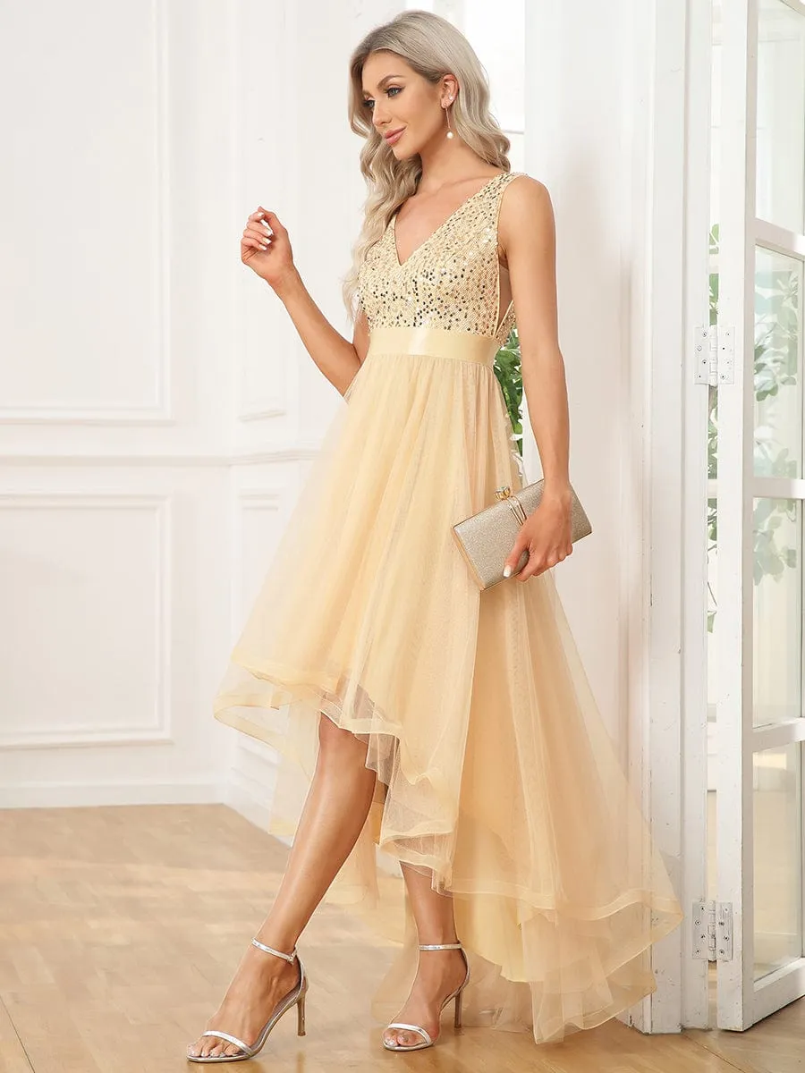 Sequin V-Neck Sleeveless High Low Evening Dress