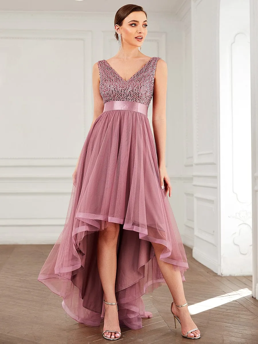 Sequin V-Neck Sleeveless High Low Evening Dress