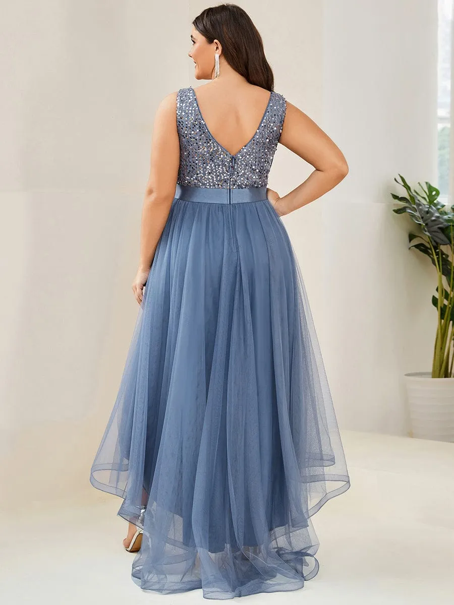 Sequin V-Neck Sleeveless High Low Evening Dress