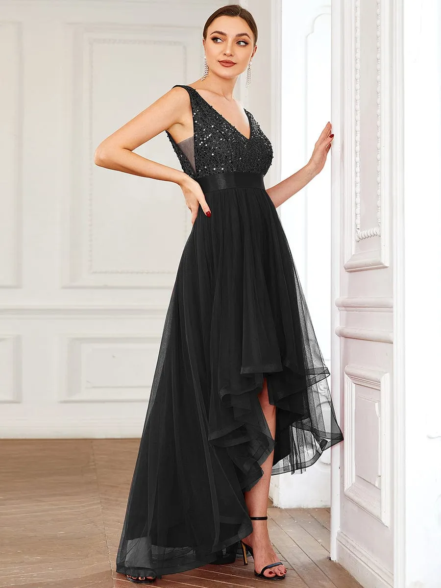 Sequin V-Neck Sleeveless High Low Evening Dress