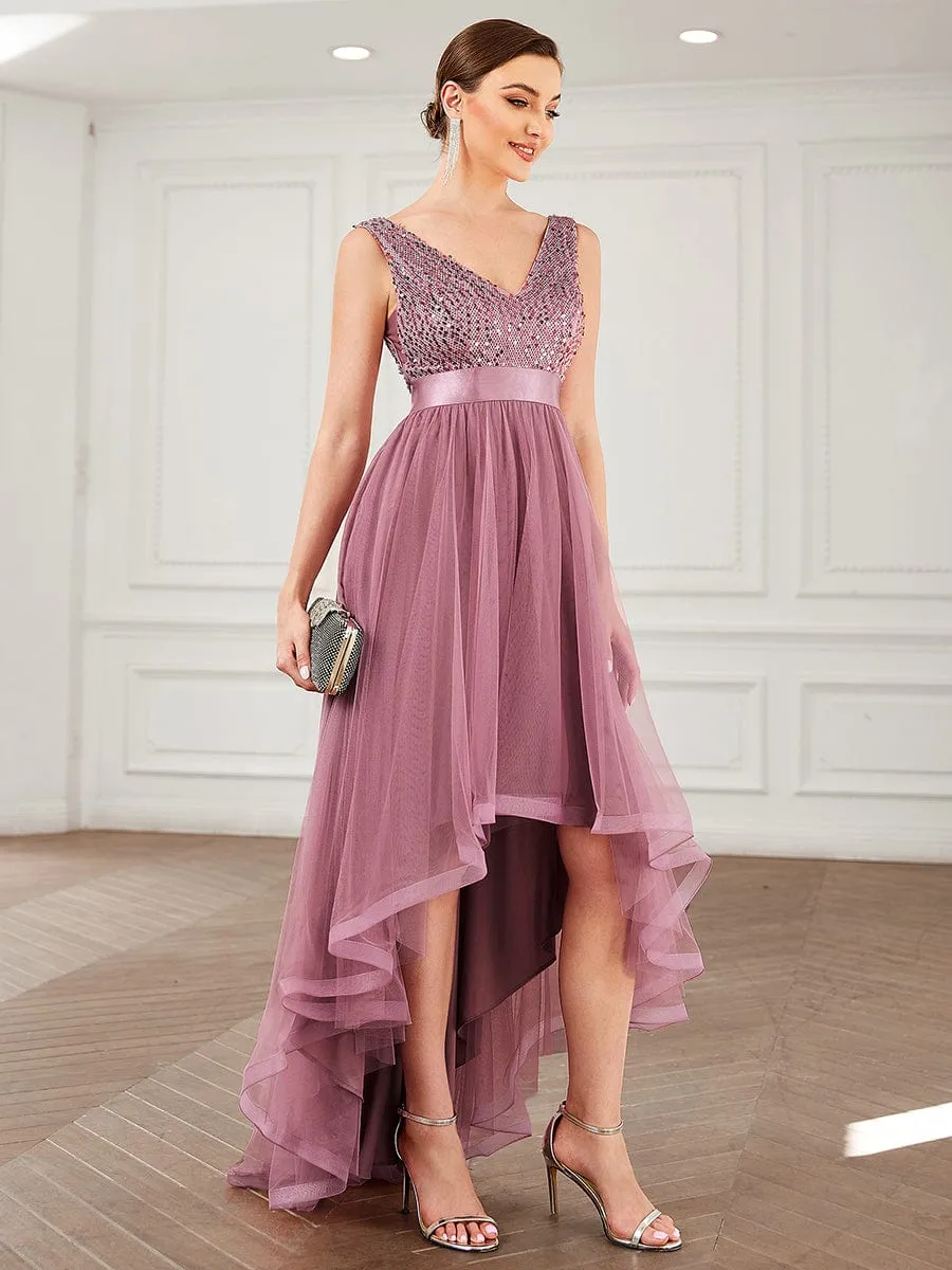 Sequin V-Neck Sleeveless High Low Evening Dress