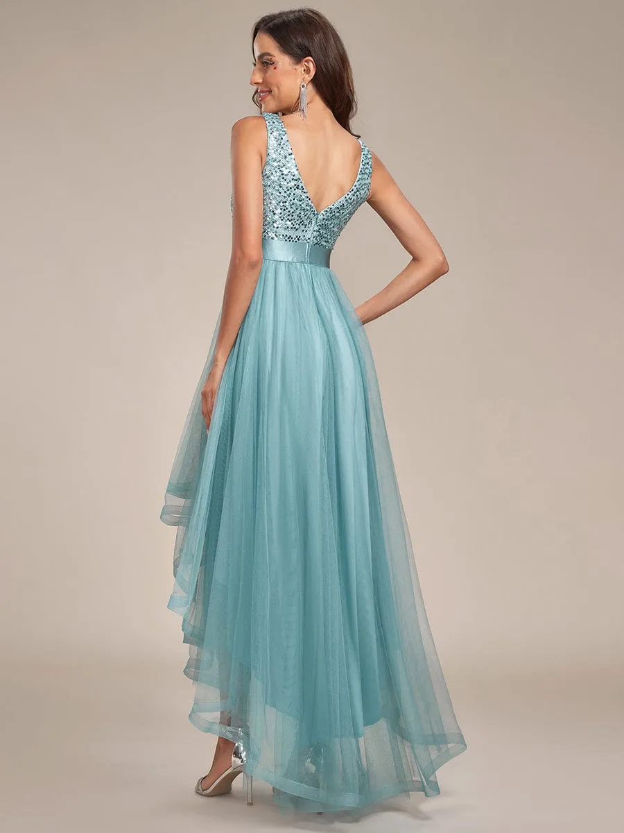 Sequin V-Neck Sleeveless High Low Evening Dress