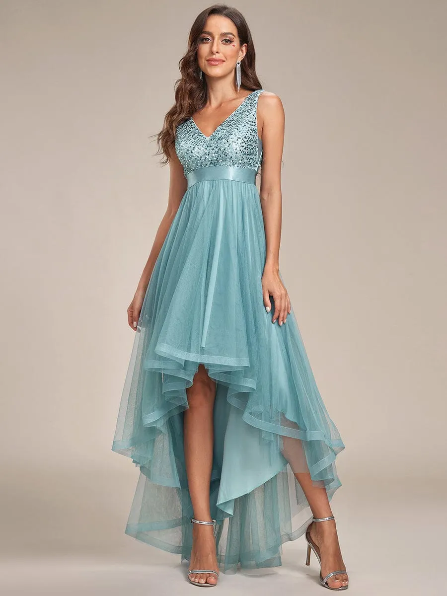 Sequin V-Neck Sleeveless High Low Evening Dress