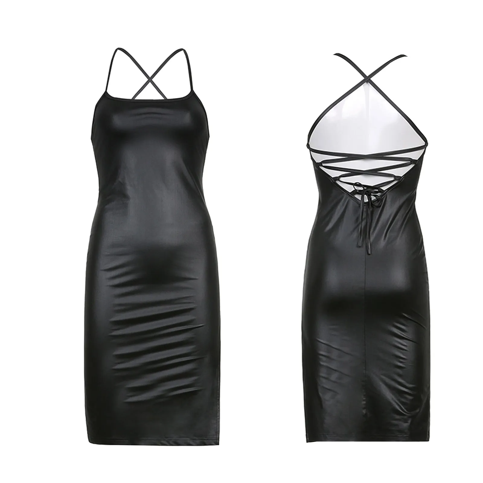 Sexy, figurbetontes, geschlitztes Lederkleid von Dominique mit Rückenschnürung