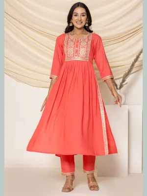 Solid Emboidered Nyra Cut Kurta with Pants - Peach