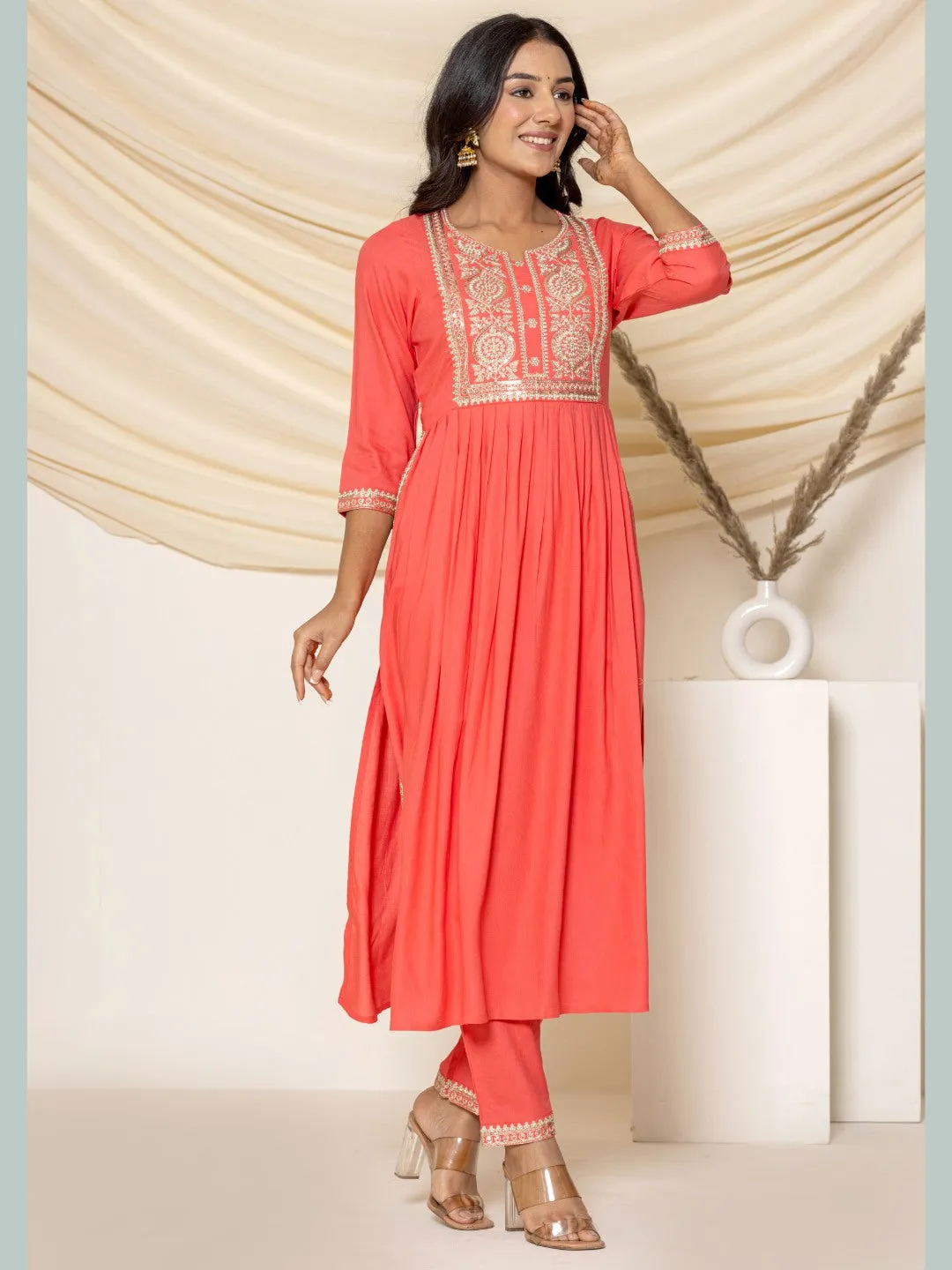 Solid Emboidered Nyra Cut Kurta with Pants - Peach