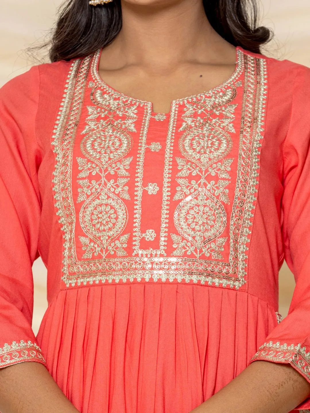 Solid Emboidered Nyra Cut Kurta with Pants - Peach