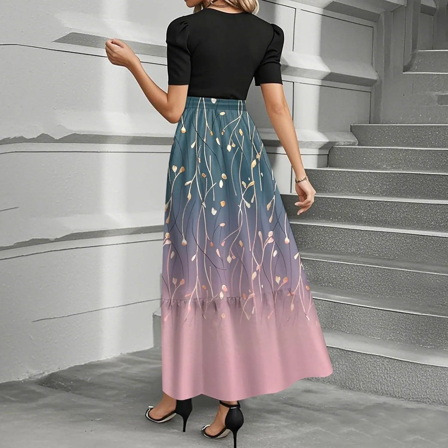 Summer Maxi Dress Church Dresses for Women 2025 Short Sleeve Crewneck Empire Waist Dress Aline Flowy Vacation Dresses