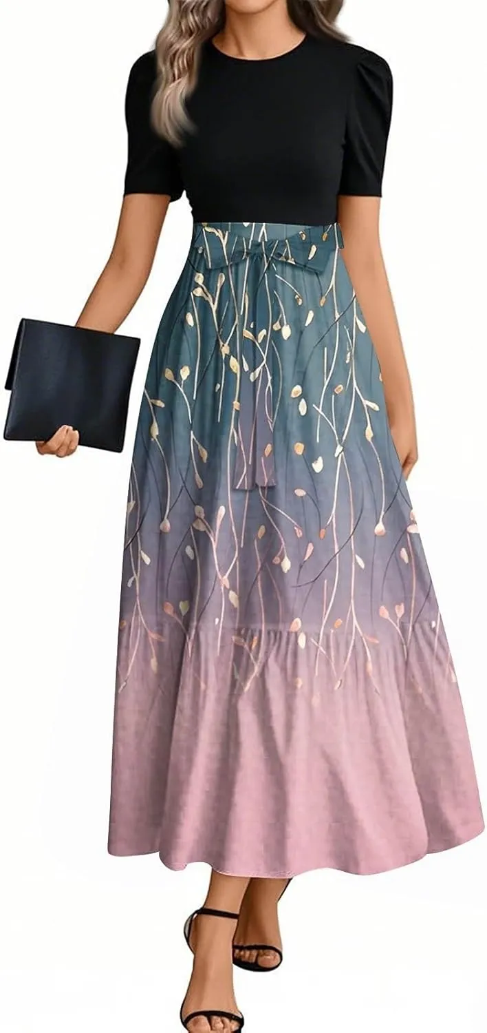 Summer Maxi Dress Church Dresses for Women 2025 Short Sleeve Crewneck Empire Waist Dress Aline Flowy Vacation Dresses