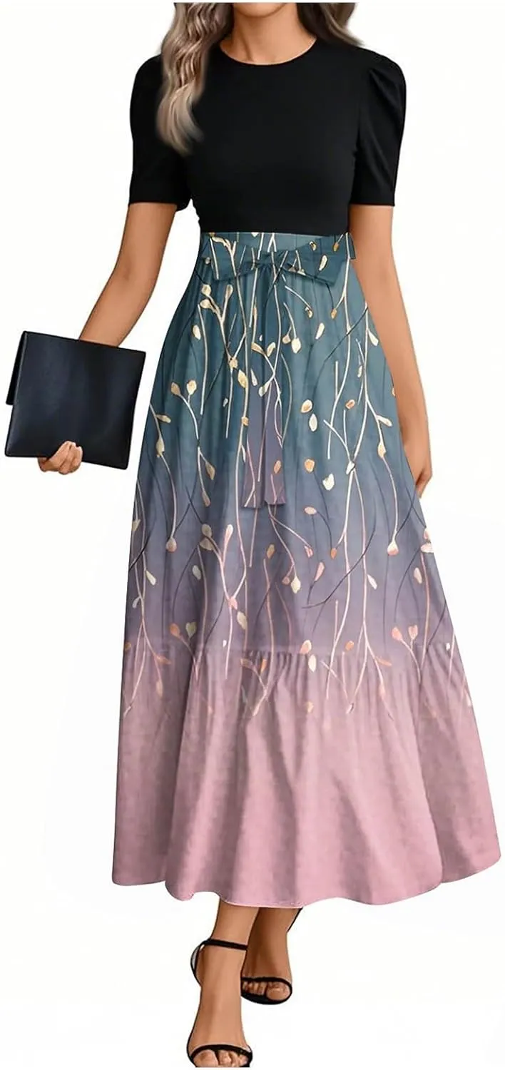 Summer Maxi Dress Church Dresses for Women 2025 Short Sleeve Crewneck Empire Waist Dress Aline Flowy Vacation Dresses