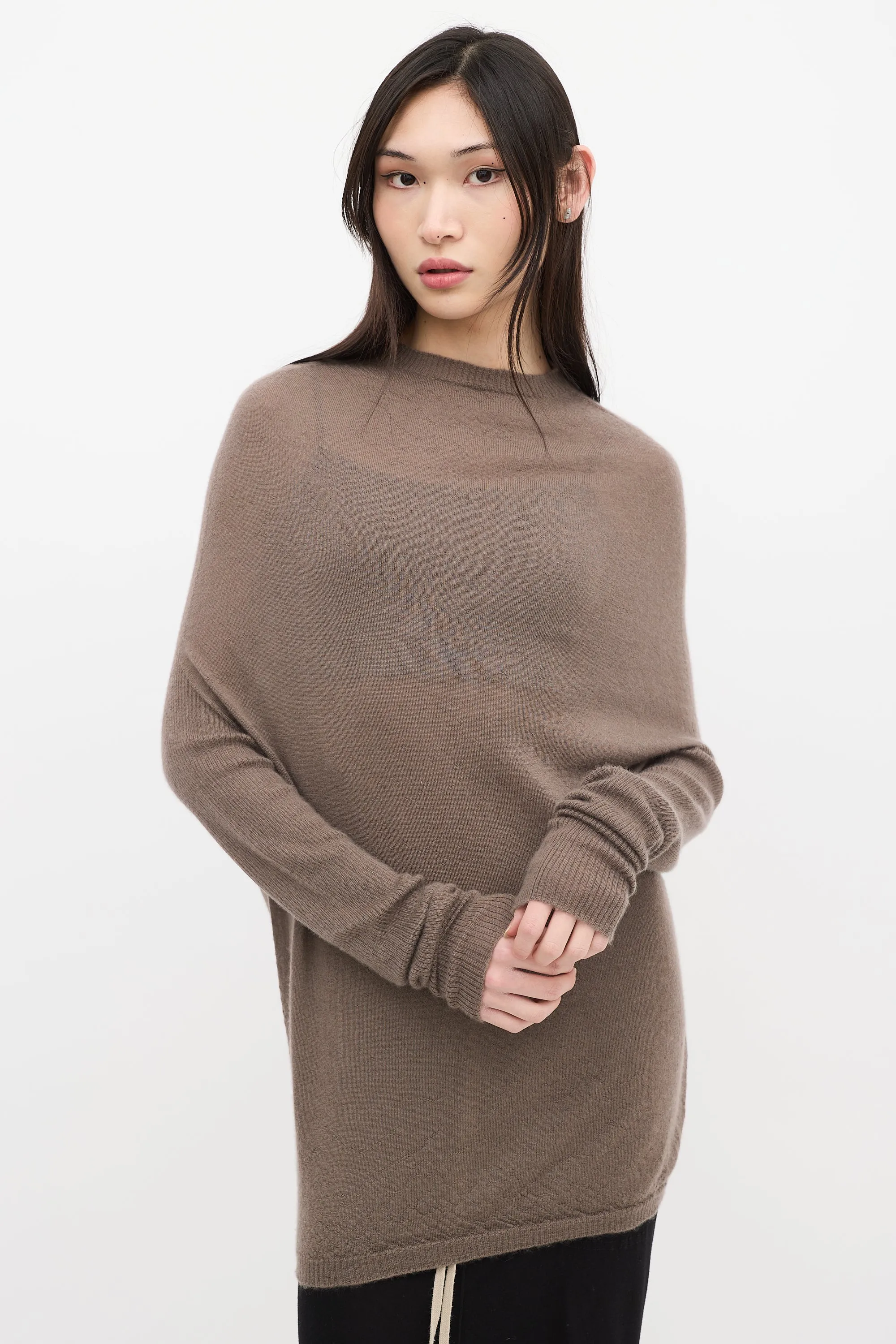 Taupe Cashmere Knit Mock Neck Sweater