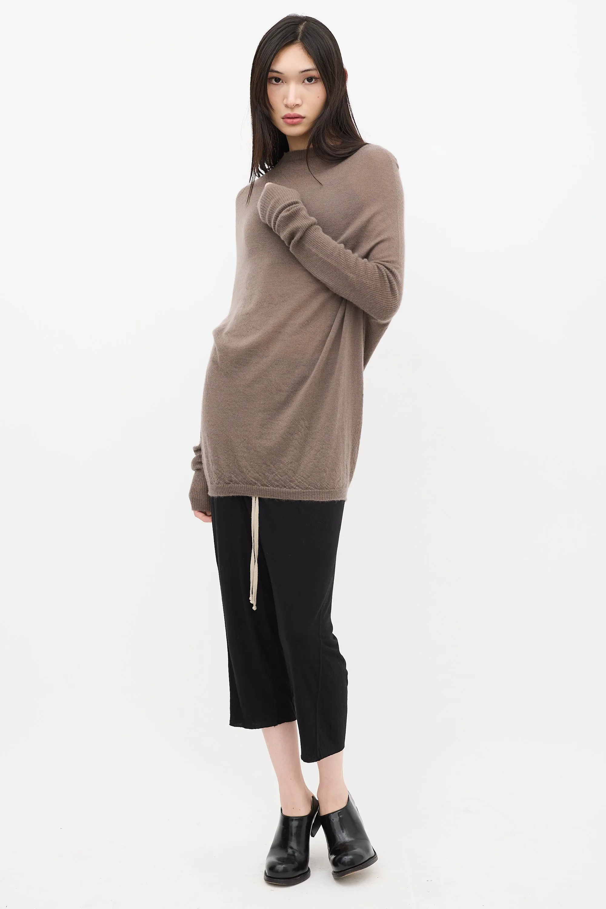 Taupe Cashmere Knit Mock Neck Sweater