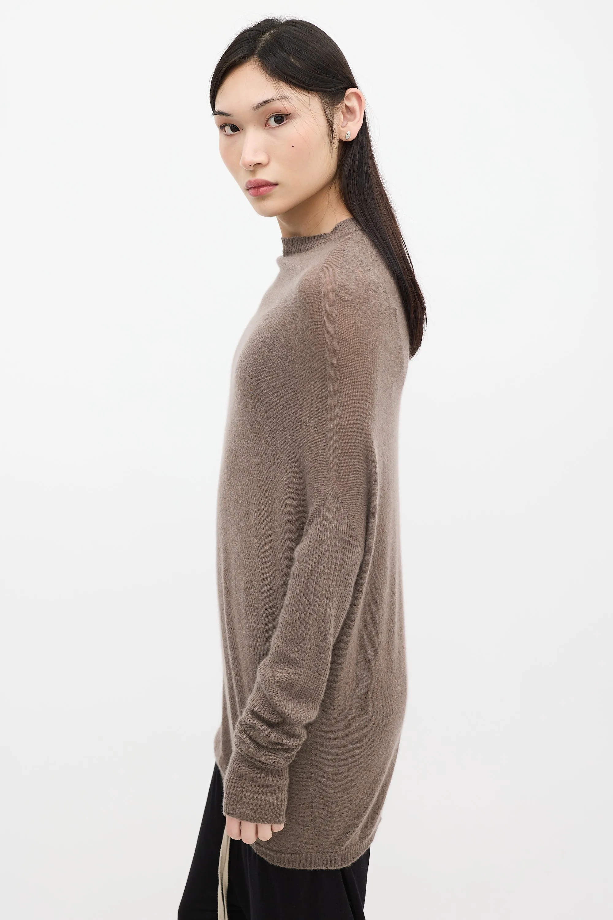 Taupe Cashmere Knit Mock Neck Sweater